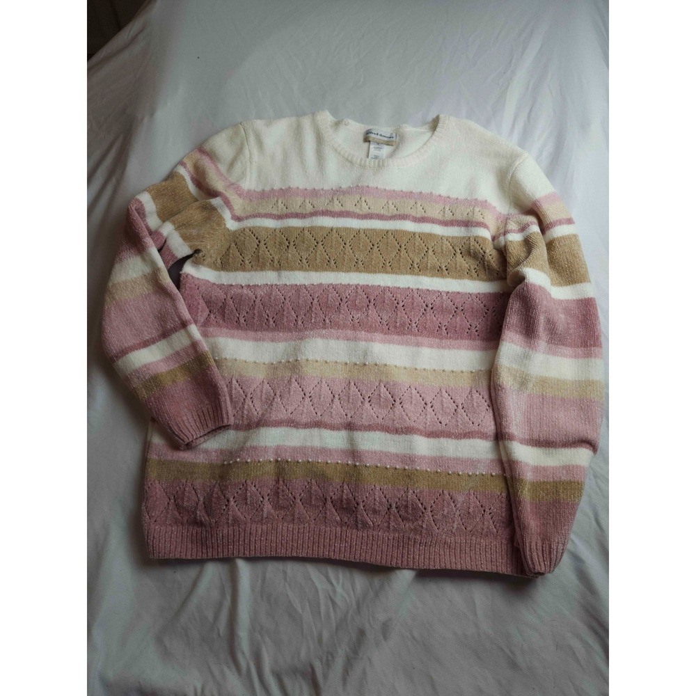 Alfred Dunner Sweater Womens Size 1X Pink White Striped Knit Crew Neck Pullover